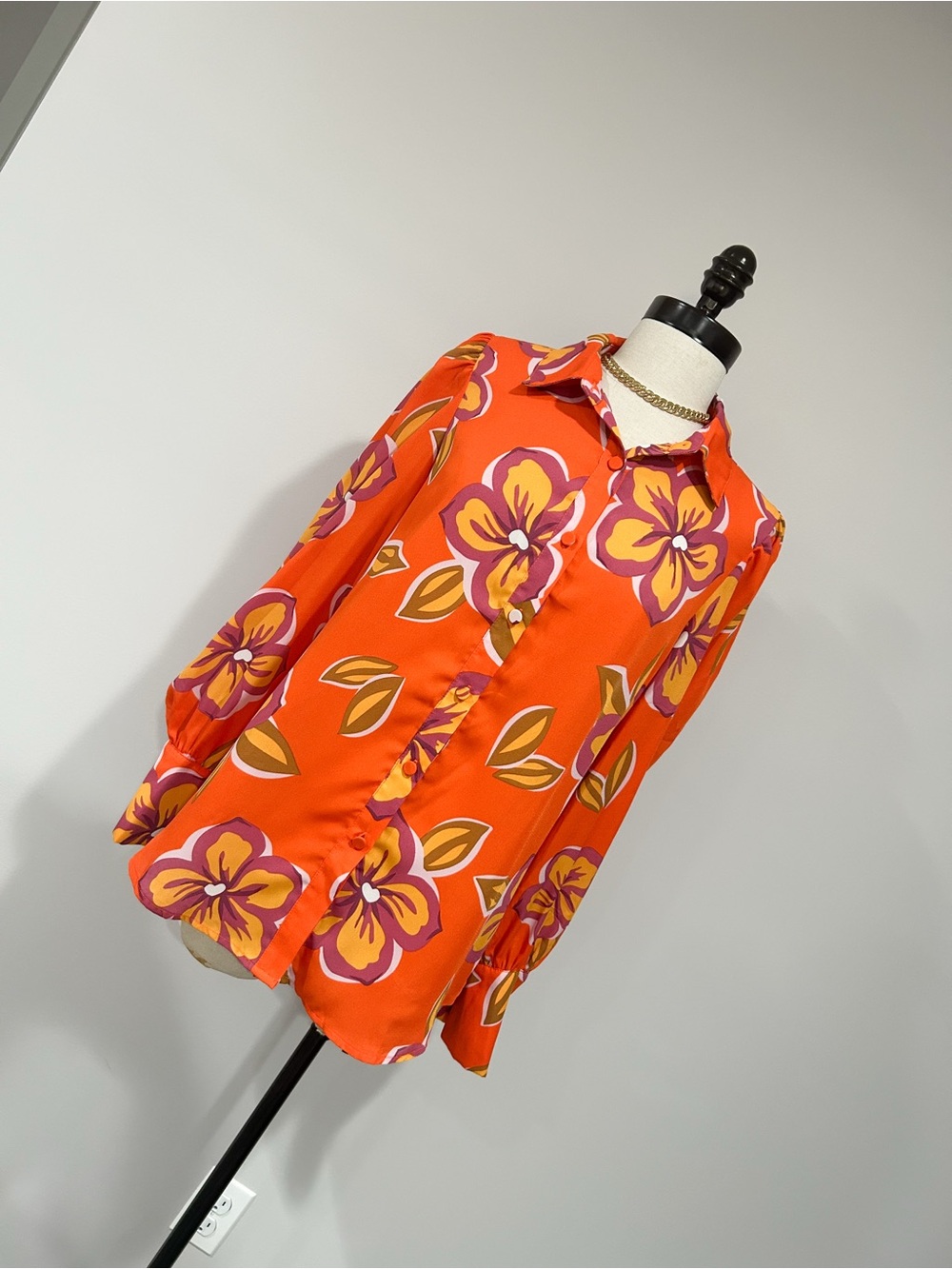 Orange Floral Button-Front Blouse
